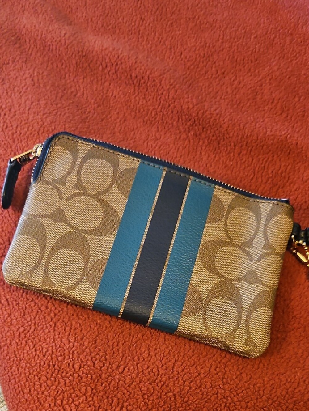 Coach Tan Signature Wristlet with Blue & Teal Green Stripes - Picture 4 of 6